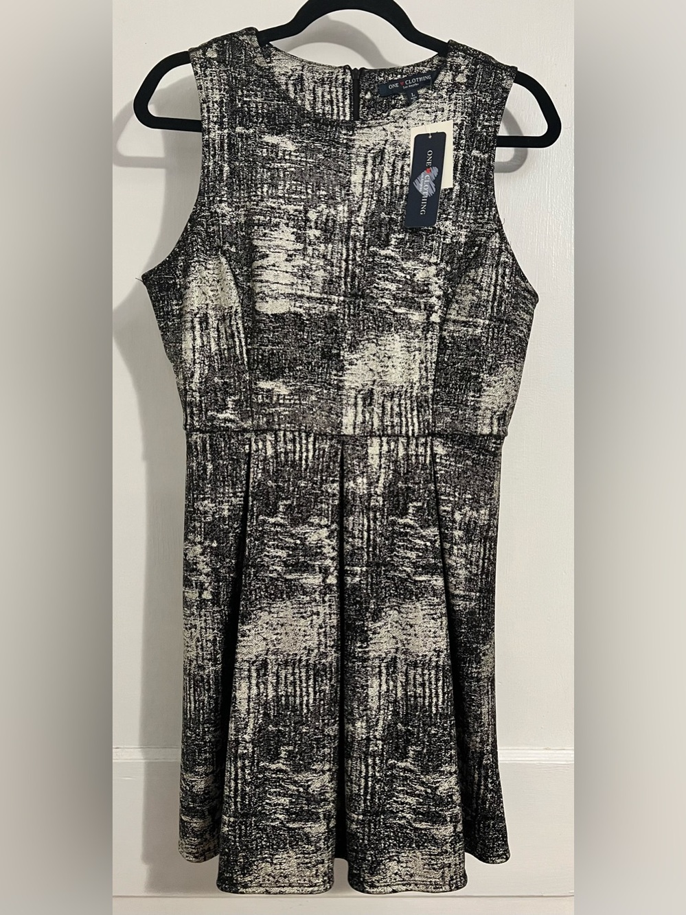one clothing Black and Gold Abstract Textured Fit-and-Flare Mini Dress